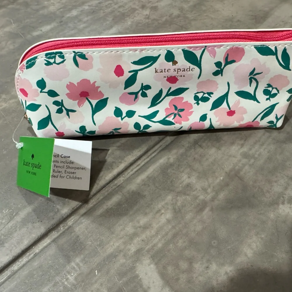 Kate Spade Pink & Green Floral pencil pouch, includes ruler Eraser, & sharpener.